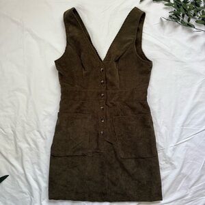 SHEIN Brown Corduroy Sleeveless Mini Dress V-Neck 2 Front Pockets